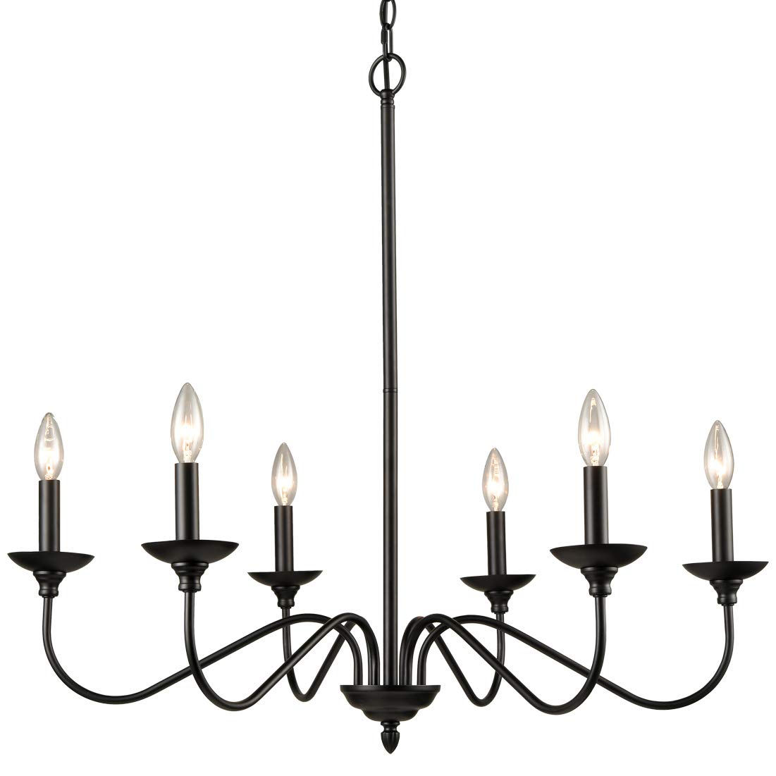 Modern Farmhouse Black Wrought Iron 6-Light Candle Chandelier - Rustic Dining Room Lighting Fixture with Chain for Foyer, Bedroom, Hallway - Perfect for Farmhouse, Cottage & Vintage Home Decor