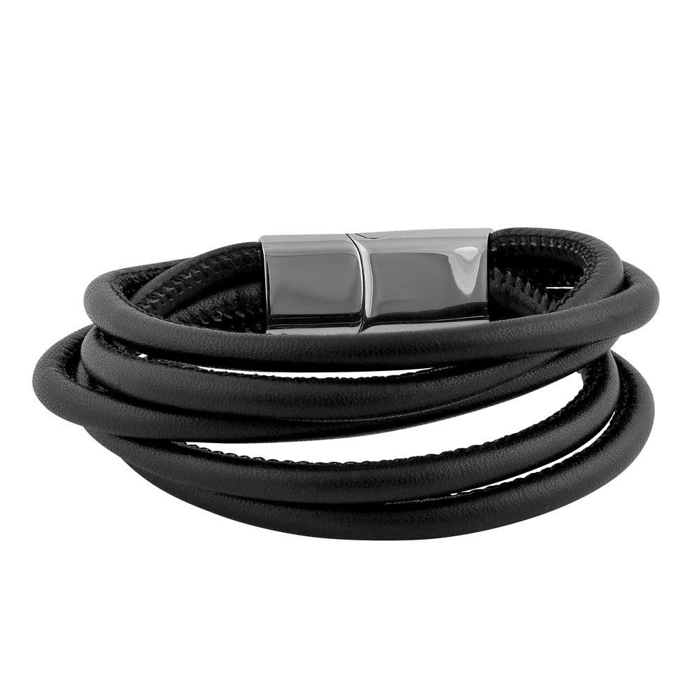 Stainless Steel Layered Black Leather Bracelet for Men - Durable Fashion Jewelry for Casual & Formal Wear - Perfect Gift for Him