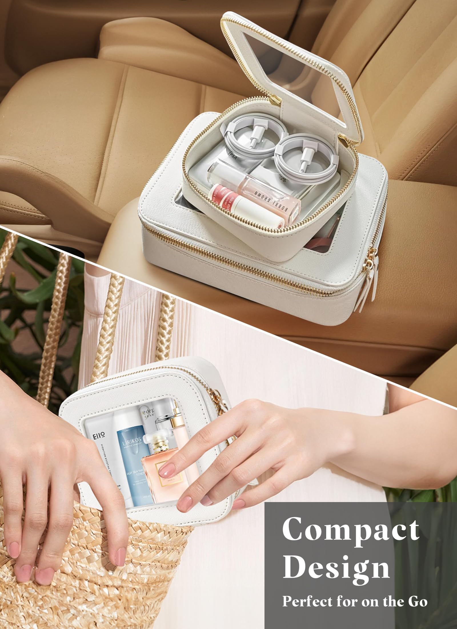 Clear Makeup Bag - White Leather Travel Makeup Pouch for Women, Small Waterproof Toiletry Organizer with Zipper for Purse, Backpack & School Supplies - Perfect for Travel, Gym & Daily Essentials (2Pcs)