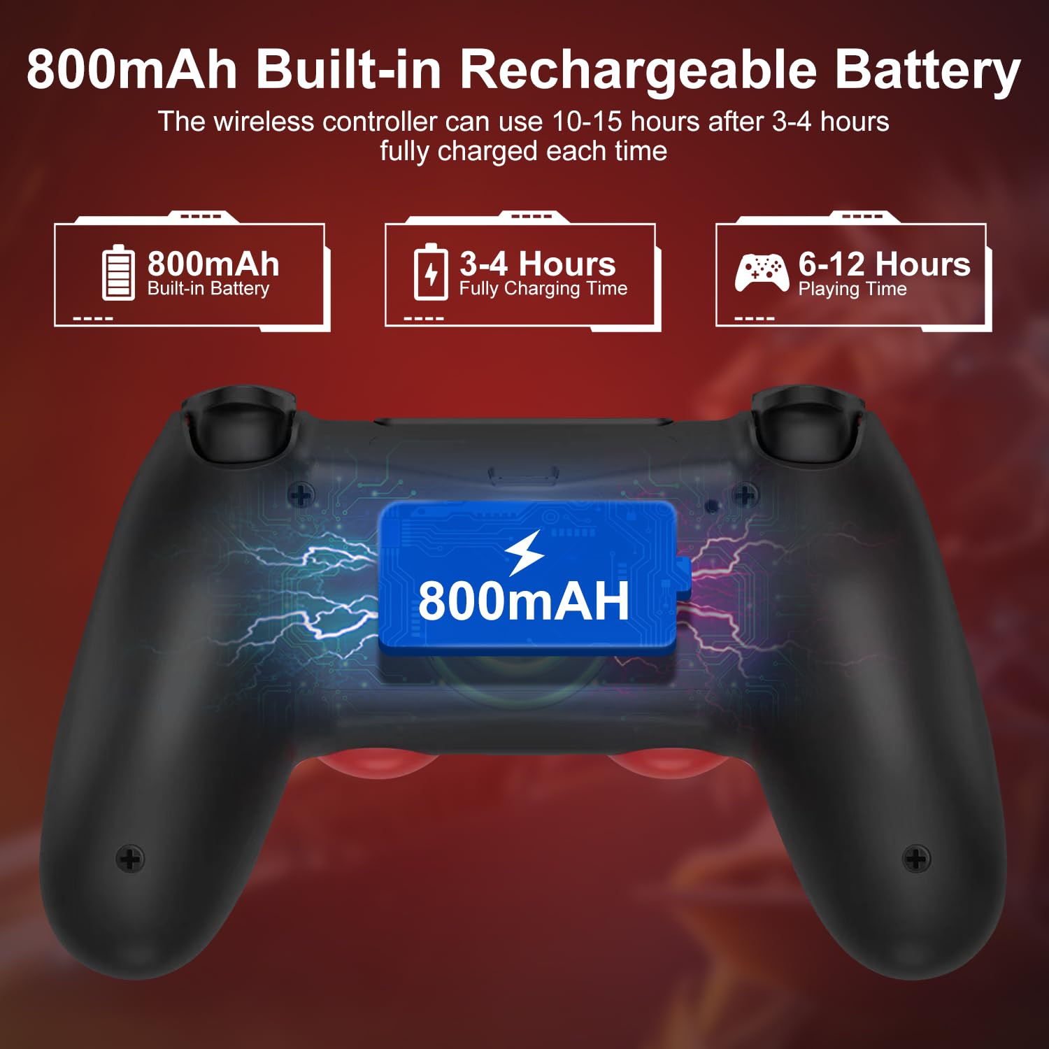 Wireless PS4 Controller with 3.5mm Headphone Jack - Compatible with PS4/PS4 Slim/PS4 Pro/PC, 800mAh Battery, Dual Vibration & Turbo Function - Red - Perfect for Gaming, Streaming & Long Play Sessions