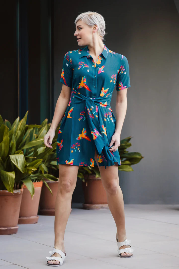Stylish Dessie Shirt Dress with Teal Rainbow Parrots Print - Women's Flowy Casual Tunic Top for Summer Outings, Beach Vacations & Boho Fashion