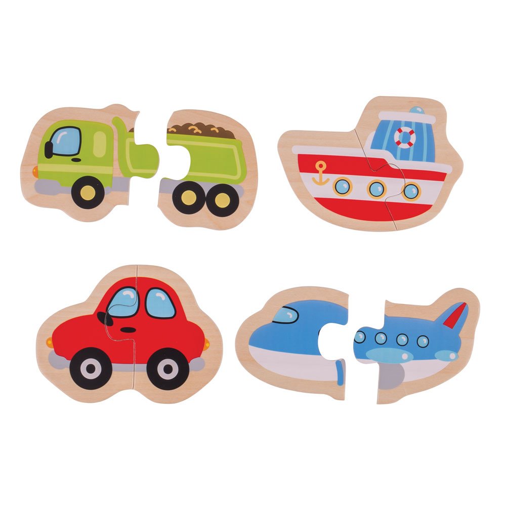 Bigjigs Toys Two Piece Puzzles - Transport Vehicles for Toddlers | Wooden Learning Toys for Kids | Perfect for Early Childhood Education & Travel Play