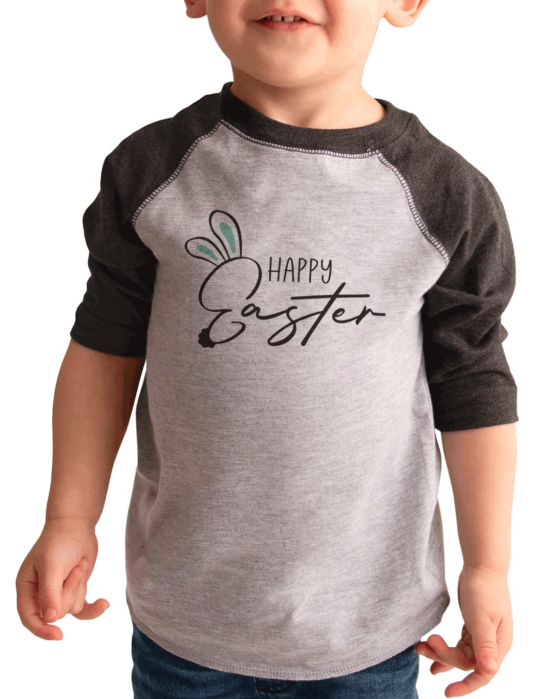 Happy Easter Kids Shirt with Bunny Ears - Cute Grey Easter T-Shirt for Boys & Girls - Perfect for Easter Egg Hunts, Family Photos & Spring Celebrations