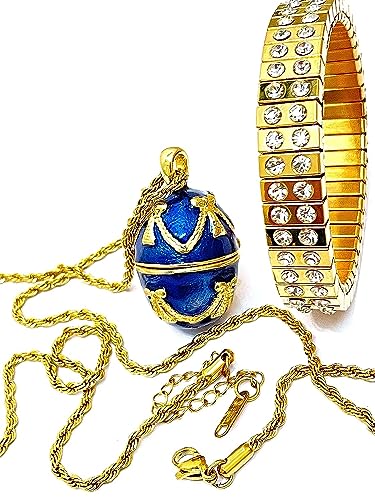 Luxury Handmade Sapphire Blue Faberge Egg Pendant Necklace with 24k Gold & 96 Austrian Crystals - Designer Jewelry Set for Women, Perfect for Weddings, Engagements, Anniversaries and Special Occasions