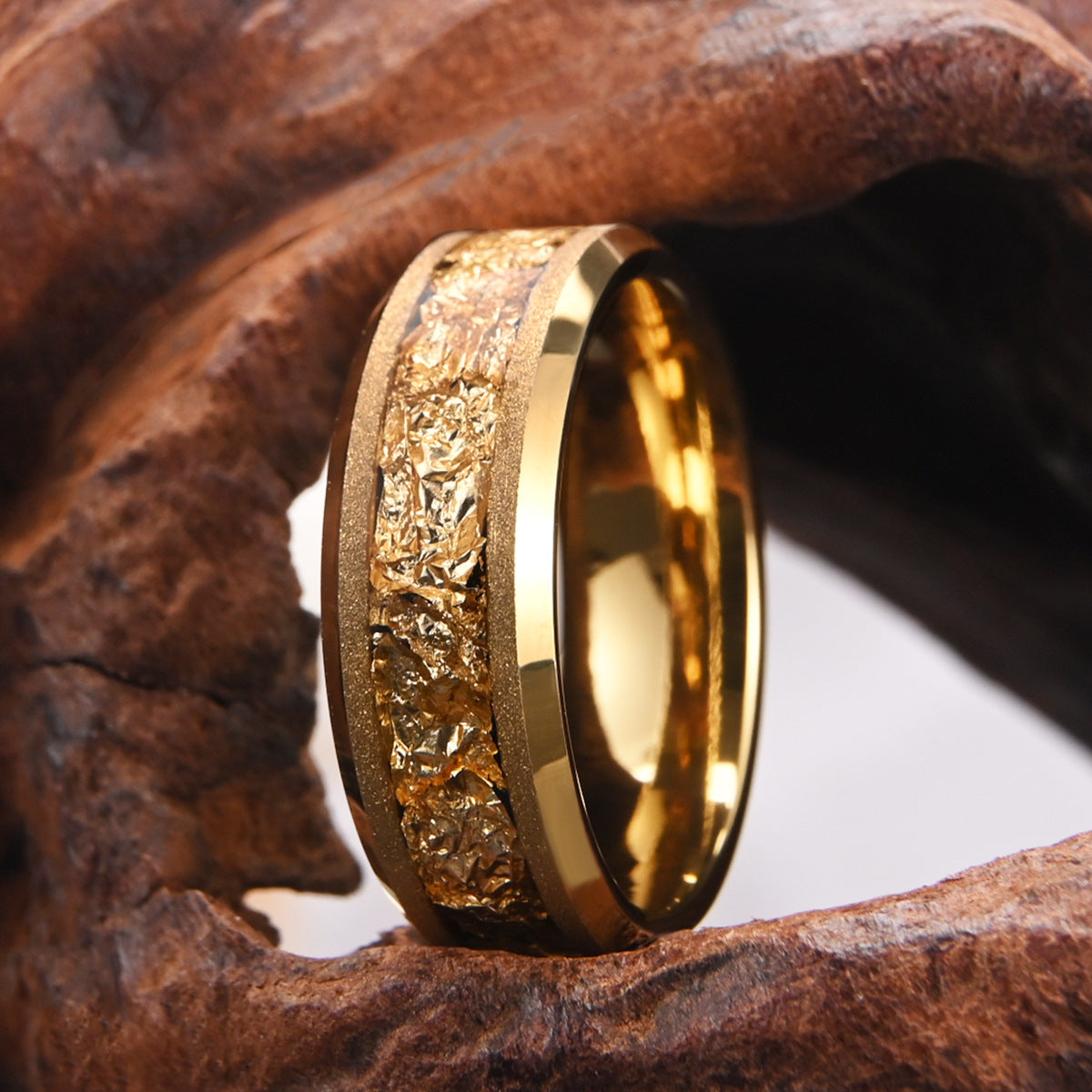 8mm Tungsten Steel Gold Sandblasted Men's Ring with Gold Foil Inlay - Durable Wedding Band, Anniversary Gift for Him, Perfect for Everyday Wear & Special Occasions