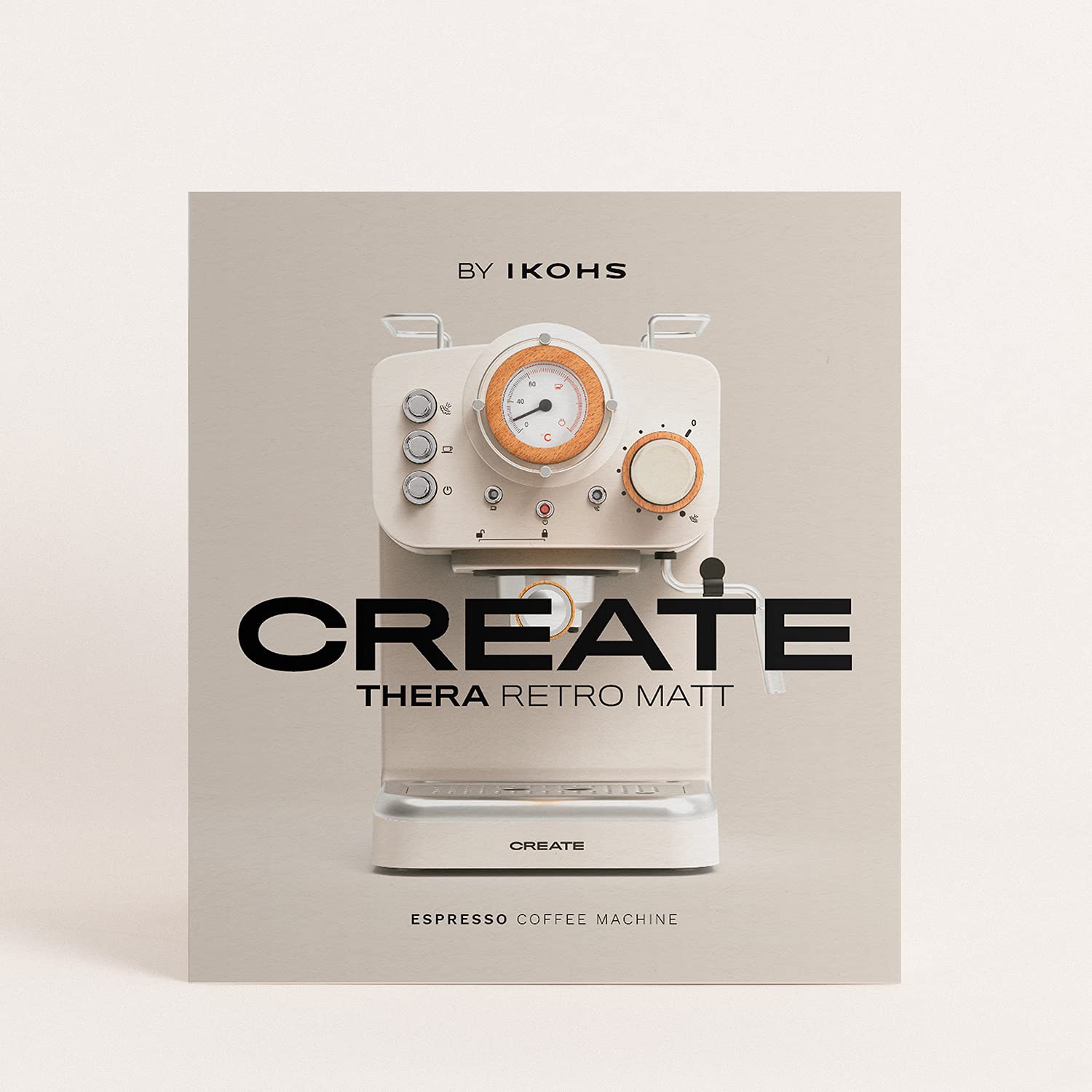 CREATE / THERA RETRO Semi-Automatic Espresso Machine - Matte White & Wood, 20 Bar Pressure, Dual Spout Portafilter, 1.25L Water Tank, Ground Coffee & ESE 55mm Pod Compatible, Steam Wand, 1100W - Perfect for Home Baristas & Coffee Lovers