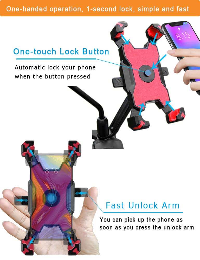 Motorcycle Phone Mount - 1 Second Auto Lock & Quick Release Phone Holder for Motorcycle, Moped, Scooter | Universal 4.5-6.8 Inch Cell Phone Holder for iPhone & Android | Perfect for GPS Navigation & Hands-Free Riding
