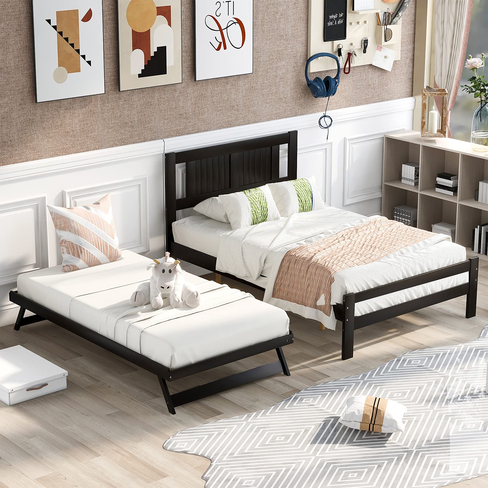 XINGKAI Twin Size Wood Platform Bed with Adjustable Trundle & Headboard - No Box Spring Needed, Espresso Finish - Perfect for Guest Rooms, Kids' Bedrooms & Small Spaces