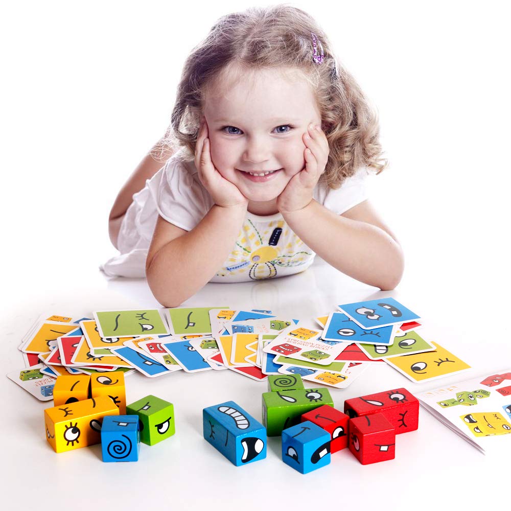 Wooden Matching Block Puzzles - Montessori Educational Building Cubes Toy for Kids Ages 3+ | STEM Learning Board Games for Preschool & Kindergarten Classroom