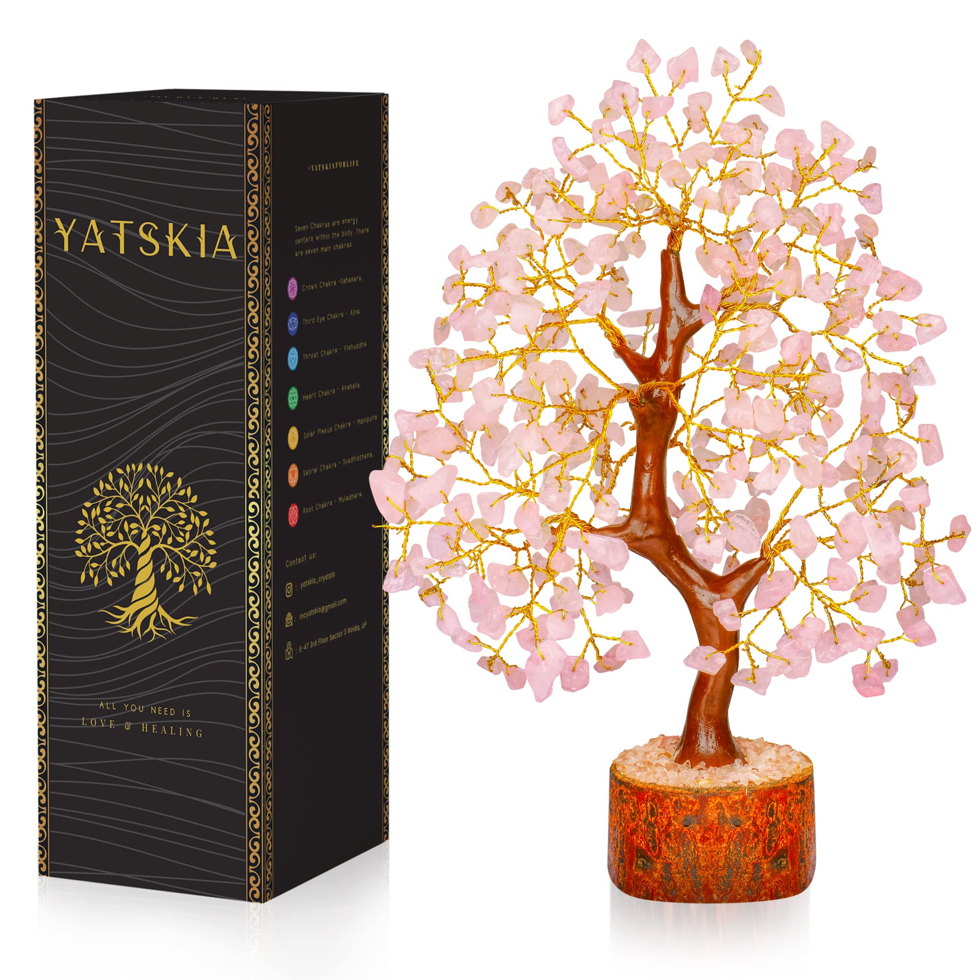 YATSKIA Rose Quartz Tree - Chakra Healing Crystal Tree of Life with Good Luck Stones, Positive Energy Home Decor Gift for Meditation, Feng Shui & Spiritual Healing (6 inch)