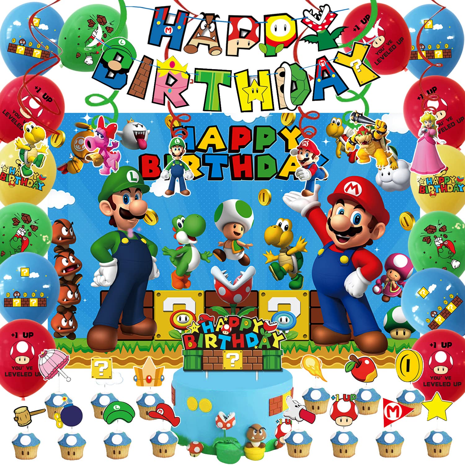 Super Mario Birthday Party Decorations Set - Backdrop, Banner, Cake Topper & Balloons for Kids Mario Themed Party | Perfect for Birthday Celebrations, Game Nights & Themed Events