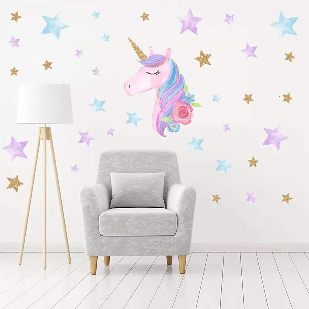 Unicorn Wall Decals for Kids Room - Stars & Flowers Nursery Decor for Boys & Girls Birthday Party