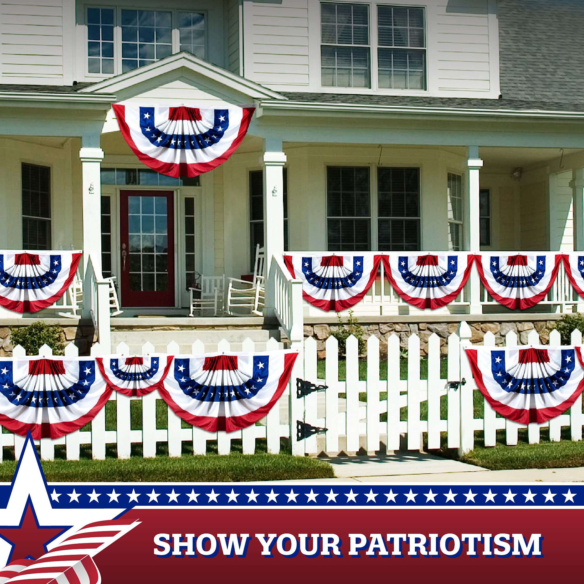 2 Pack USA Pleated Fan Flag - 5x10 Feet American Patriotic Bunting Decoration with Embroidered Stars & Sewn Stripes, Durable Canvas Header & Brass Grommets - Perfect for 4th of July, Memorial Day, Veterans Day & Outdoor Party Decorations