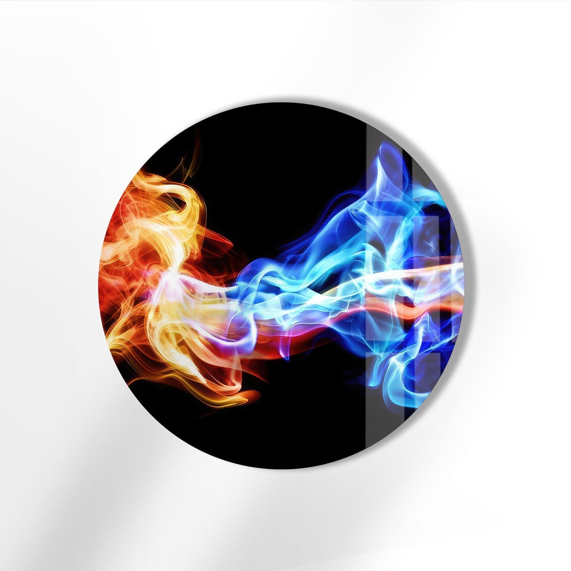Abstract Round Orange & Blue Glass Wall Art - Modern Handmade Home Decor for Living Room, Bedroom & Office - Unique Glass Artwork for Wall Decor & Gifts