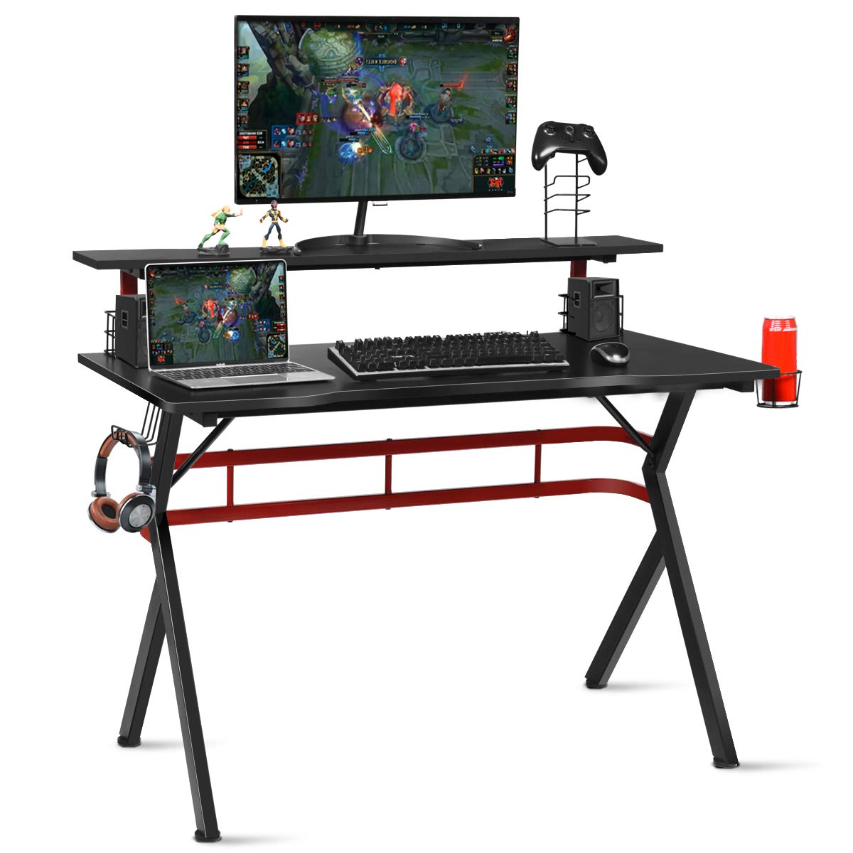 Tangkula Gaming Desk - Professional Ergonomic PC Gaming Table with Monitor Stand, Cup Holder & Headphone Hook | Sturdy Gamer Workstation with Handle Rack for Home Office & Esports | Perfect for Streaming, Gaming & Remote Work (Black)