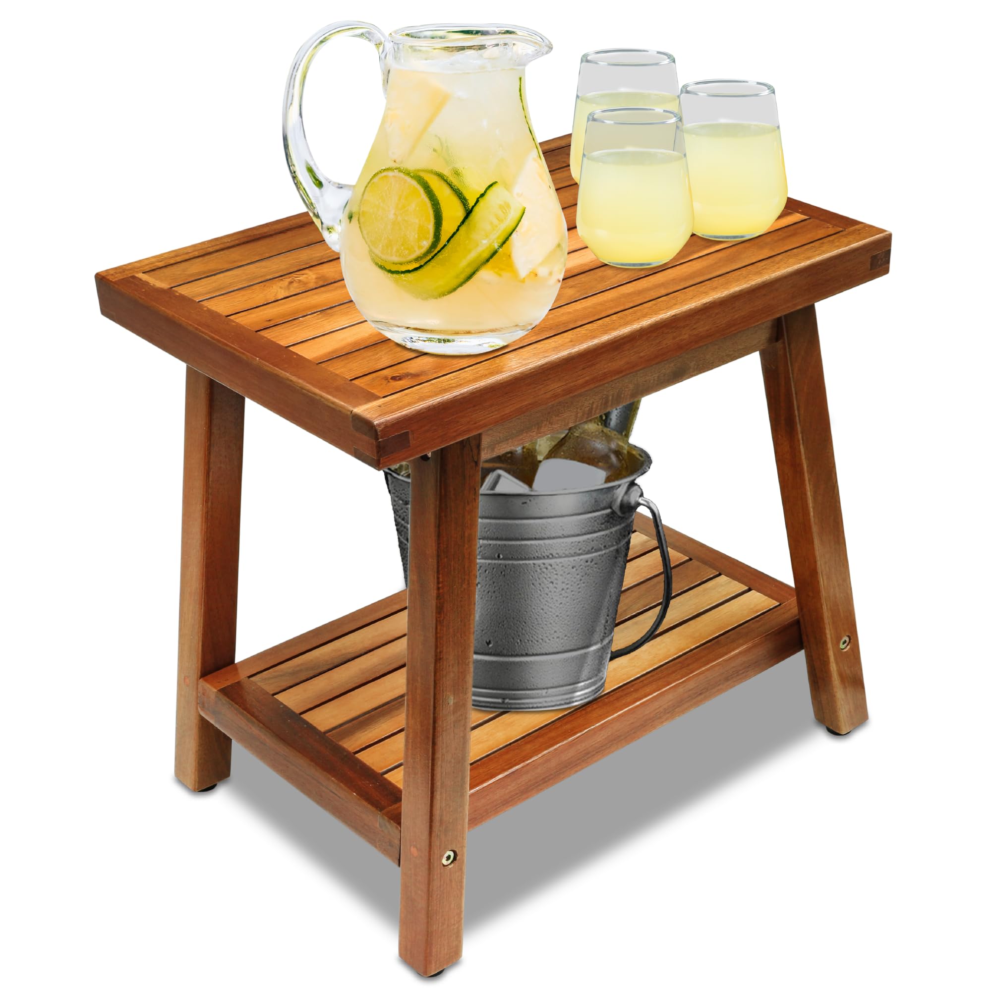 Acacia Wood Side Table with 2-Tier Storage Shelf - Small Space Sofa Table, Outdoor End Table for Patio, Backyard, Poolside - Perfect for Living Room, Deck & Garden Decor