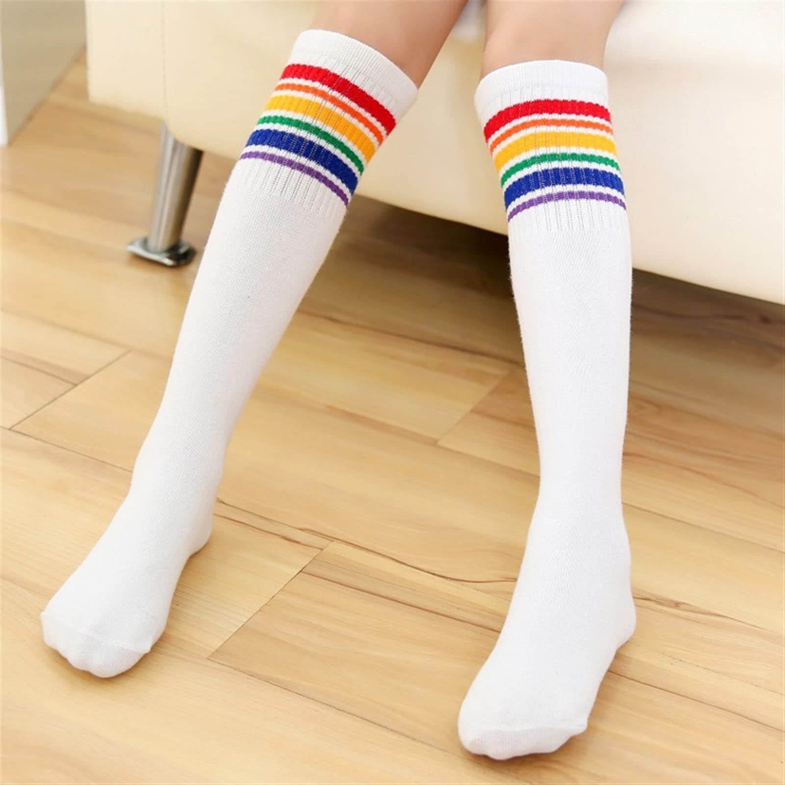 Women's Knee High Socks - Comfortable Golf & Casual Rainbow Stockings for Women & Girls (White, 35CM) - Perfect for Sports, Work & Everyday Wear