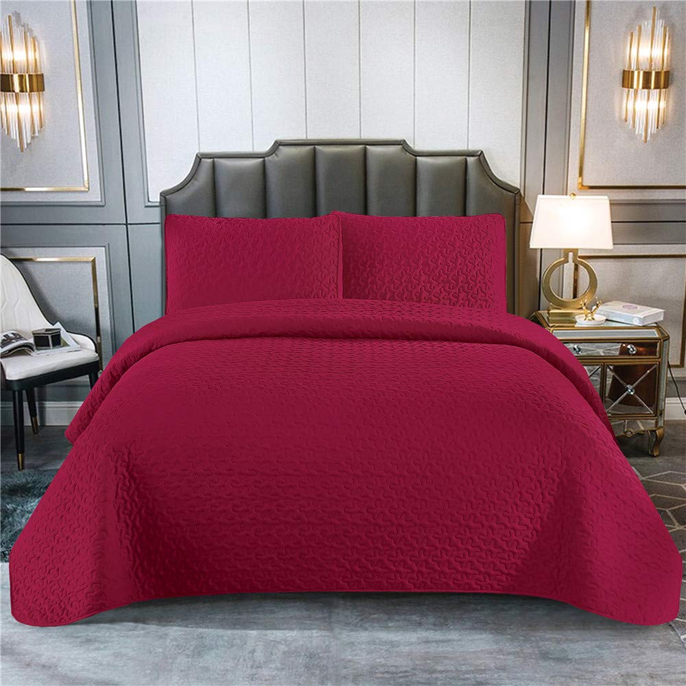 Vintage Burgundy Queen Bedspread Set - 3 Piece Bed Cover with Matching Pillow Shams | Elegant Bedroom Decor for Master Bedroom, Guest Room & Dorm | Soft & Cozy Coverlet Set (Burgundy, Queen Size)