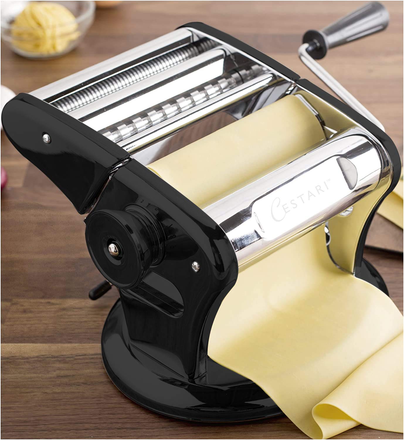 Cestari Stainless Steel Pasta Maker Machine - 150mm Roller with Patented Non-Slip Suction Base - Includes Pasta Cutter, Hand Crank & Italian Recipes - Perfect for Homemade Pasta, Ravioli & Noodle Making at Home