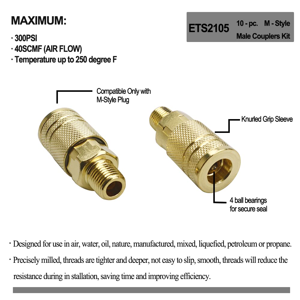 10-Piece Male Air Coupler Fittings 1/4-Inch NPT Thread Quick Connect - Industrial M Style Brass Couplers for Air Tools - Fast & Safe Hose Disconnection - Perfect for Pneumatic Systems, Auto Repair & Workshop Use