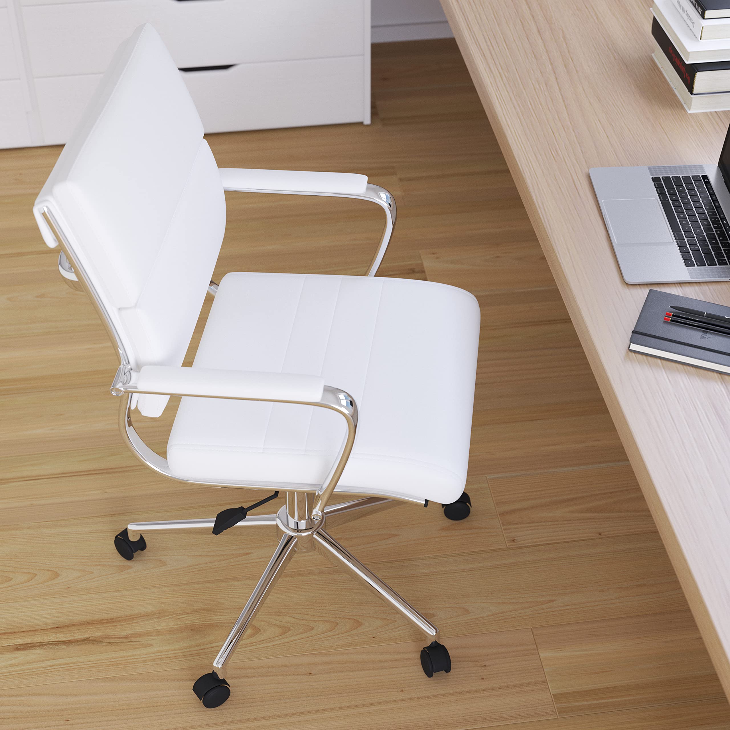 Merrick Lane McEntyre Mid-Back Ergonomic Office Chair - Faux Leather Executive Swivel Desk Chair with Adjustable Height & Padded Arms - Modern Panel Back Design - Perfect for Home Office, Computer Work & Conference Rooms