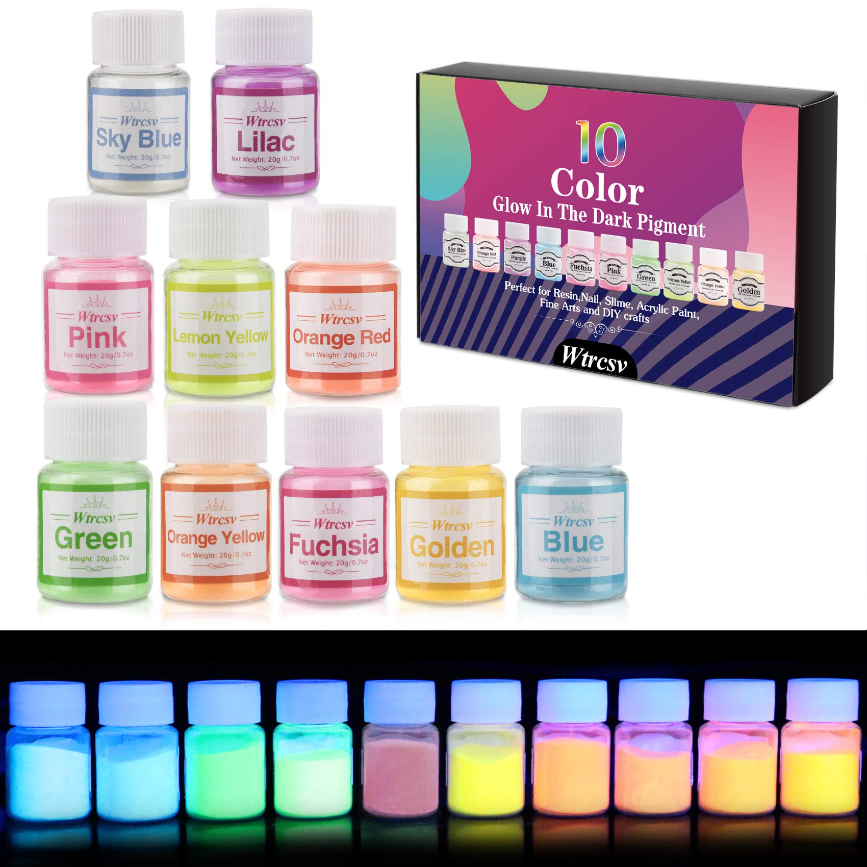 Glow in The Dark Pigment Powder - 10 Color Epoxy Resin Luminous Powder, Non-Toxic & Safe for Acrylic Paint, Slime, Nail Art, Resin Crafts - Perfect for DIY Projects, Concerts, Halloween Decor & Nighttime Art - 20g/0.7oz Each