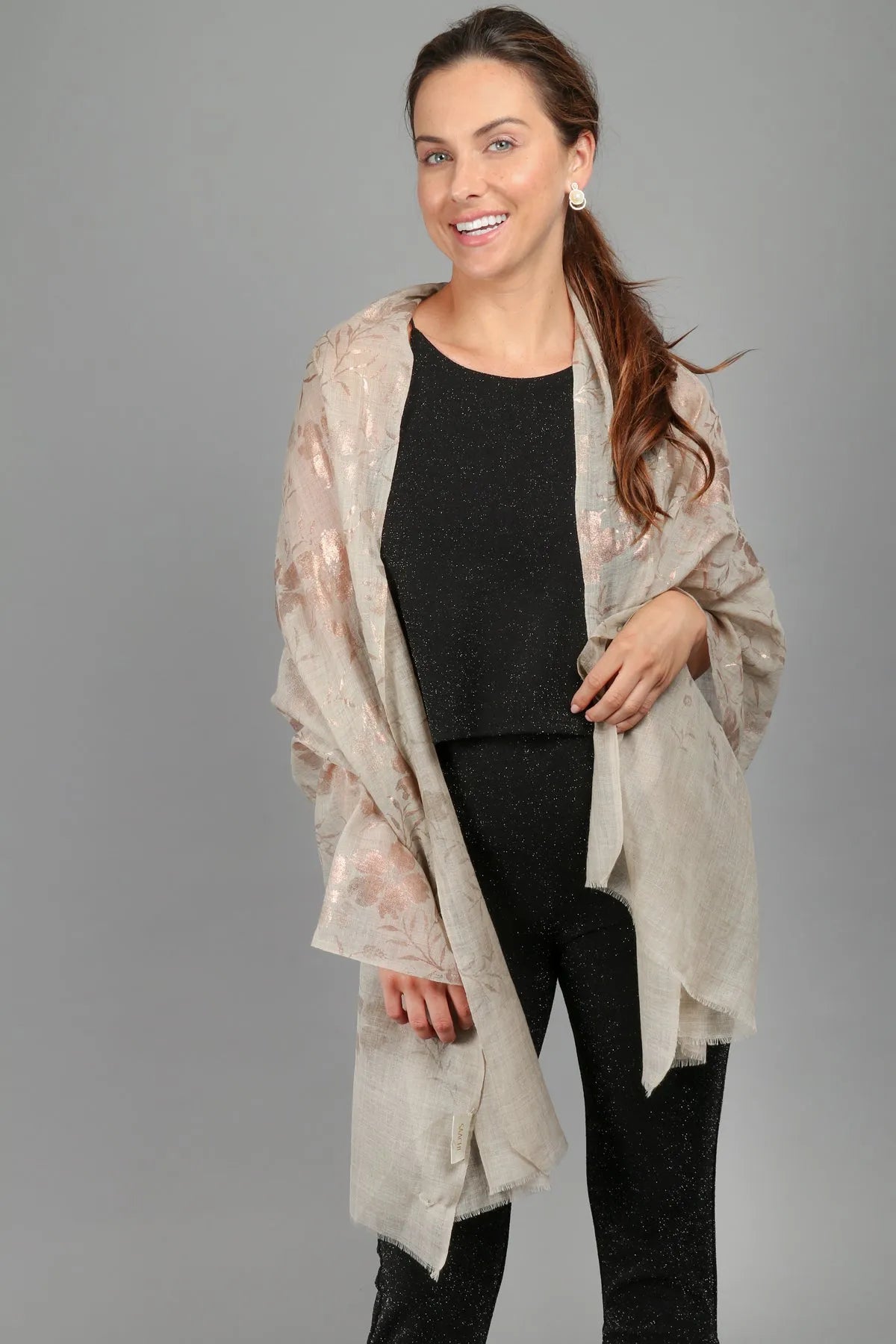 Elegant Foiled Floral Beige Scarf for Women - Soft Lightweight Fashion Accessory - Perfect for Office, Party & Everyday Wear