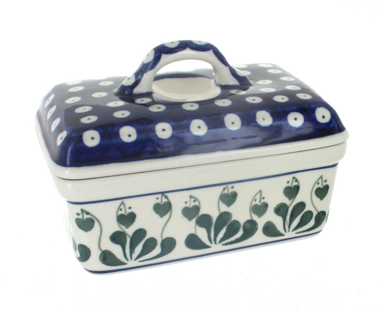 Blue Rose Polish Pottery Alyce Butter Tub - Handmade Ceramic Butter Dish with Floral Design, Perfect for Kitchen Storage & Serving - Ideal for Breakfast, Tea Time, and Gift Giving