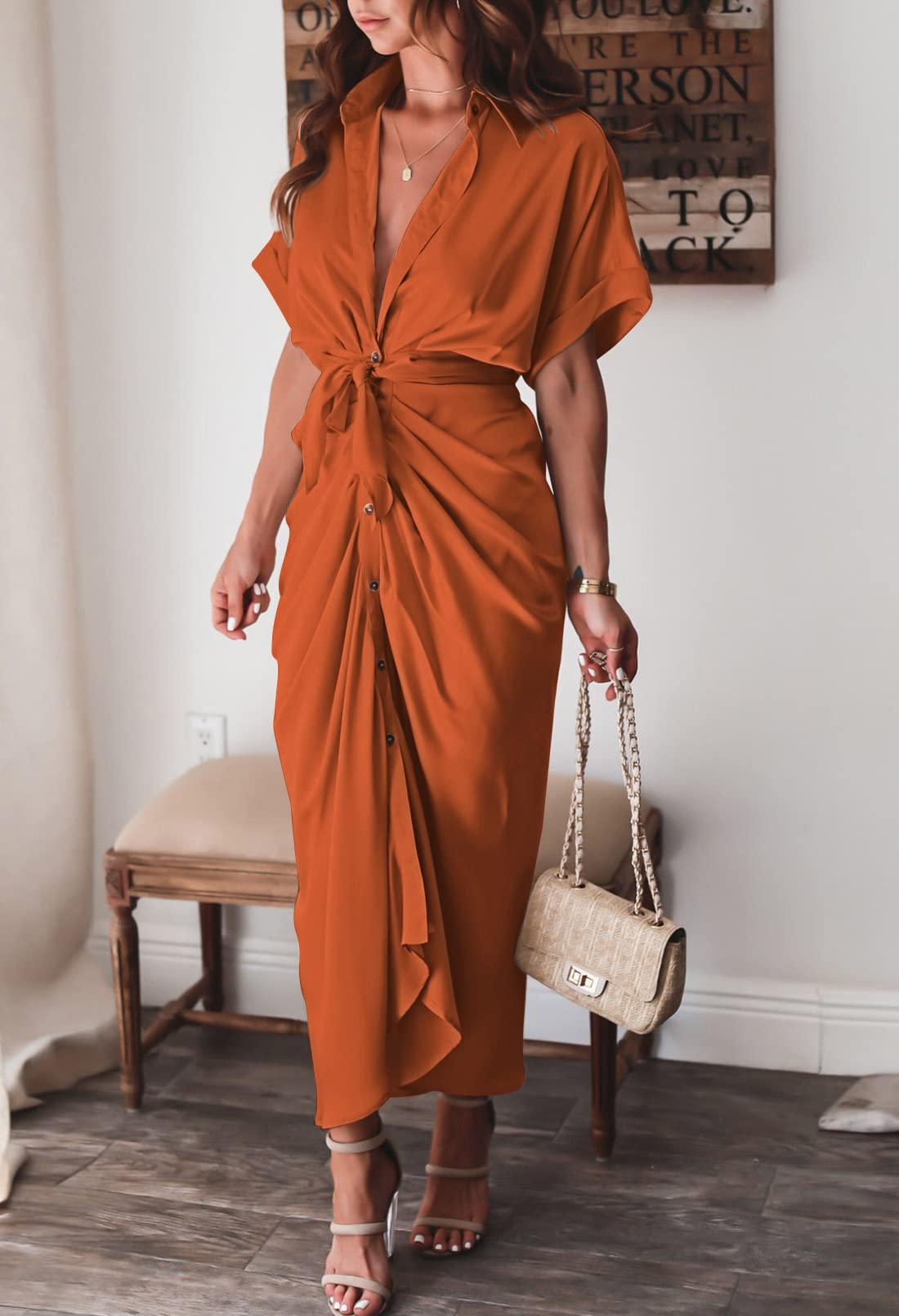 Linsery Women's Elegant Button Down Ruched Wrap Maxi Dress with Belt - Stylish Office Wear, Casual Outfit & Special Occasion Dress for Women