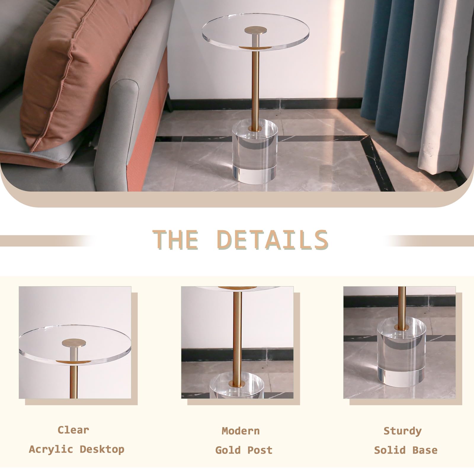 Modern Clear Acrylic Side Table with Gold Base - 13.8