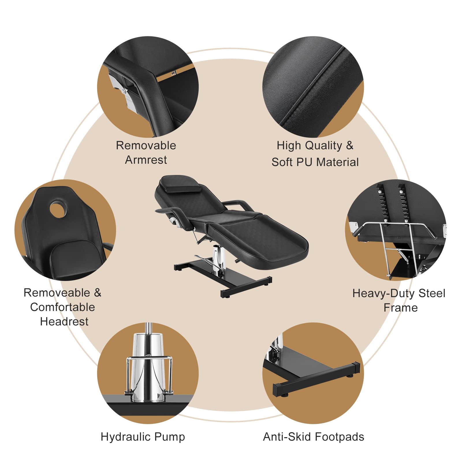 OmySalon Hydraulic Adjustable Tattoo Chair & Facial Bed with Stool - 3-Section Multi-Purpose Beauty Salon Spa Equipment for Massage, Waxing & Skincare - Black