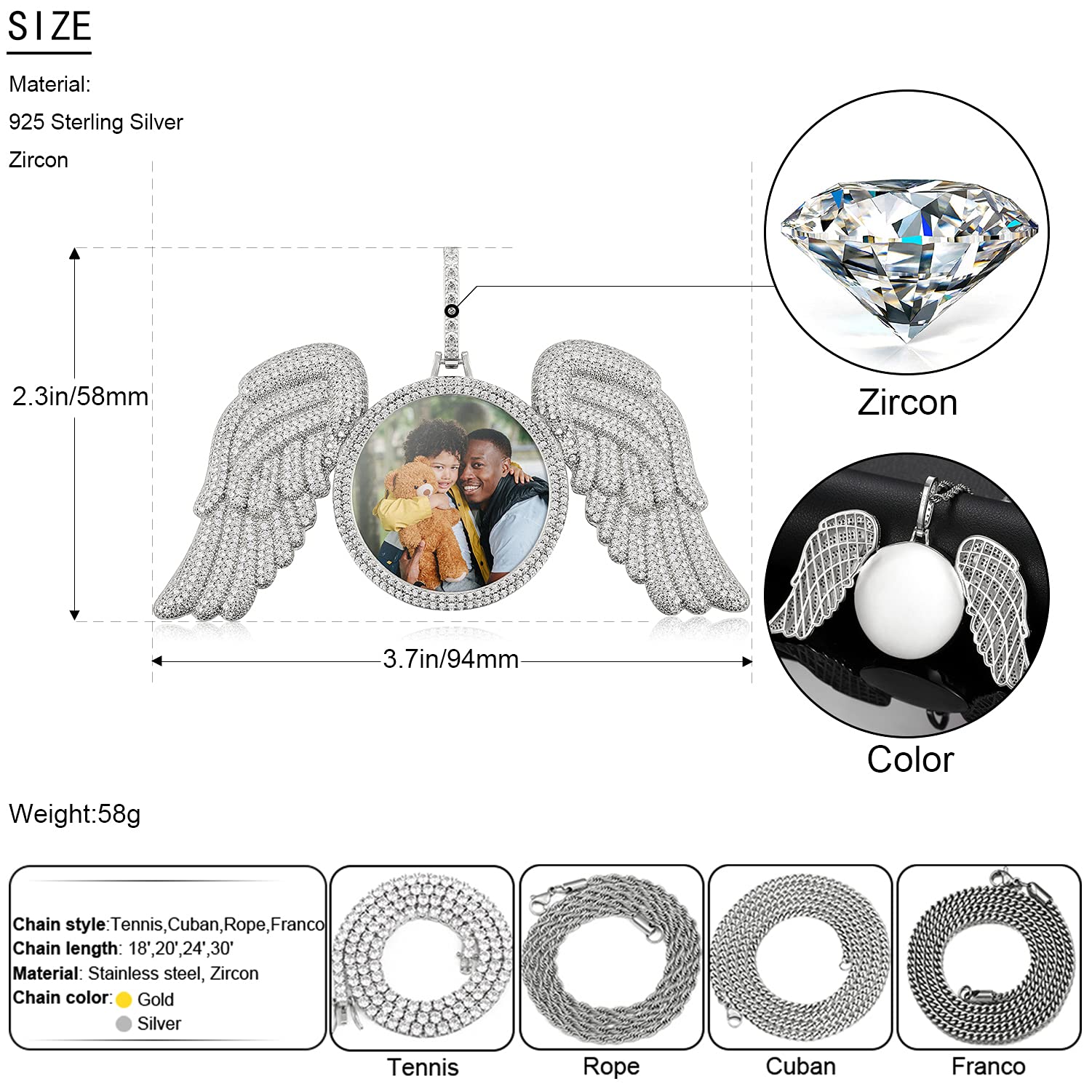 925 Sterling Silver Angel Wings Photo Necklace - Personalized Custom Picture Pendant for Men & Women - Memorial Keepsake Birthday Gift for Her/Him - Perfect for Anniversaries, Valentine's Day & Memorial Jewelry
