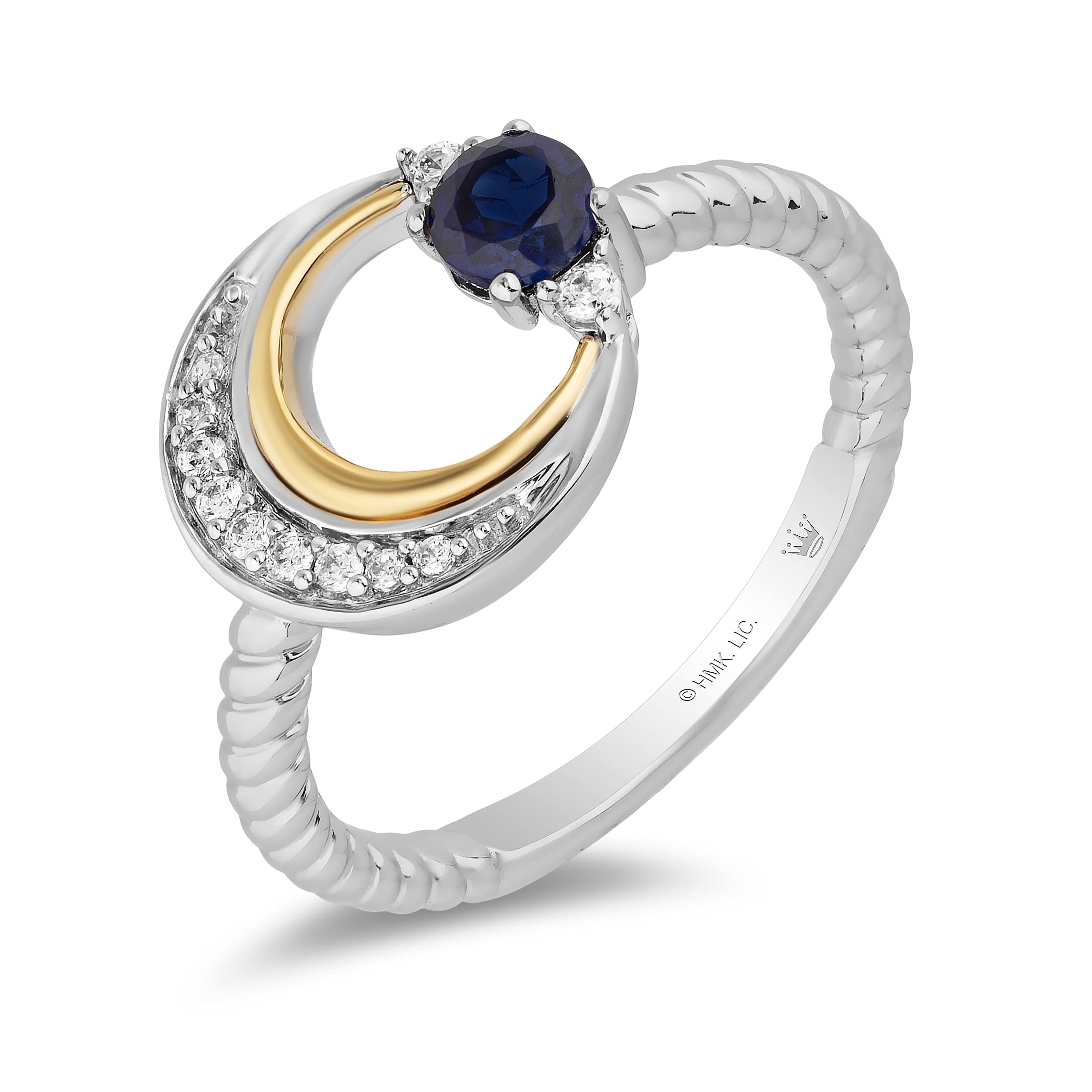 Jewelili Hallmark Fine Jewelry Crescent Moon Ring for Women - Sterling Silver & 14K Yellow Gold Band with 4mm Round Blue Sapphire & 1/10ct Natural Diamond | Elegant Gift Box | Perfect for Birthdays, Anniversaries & Special Occasions