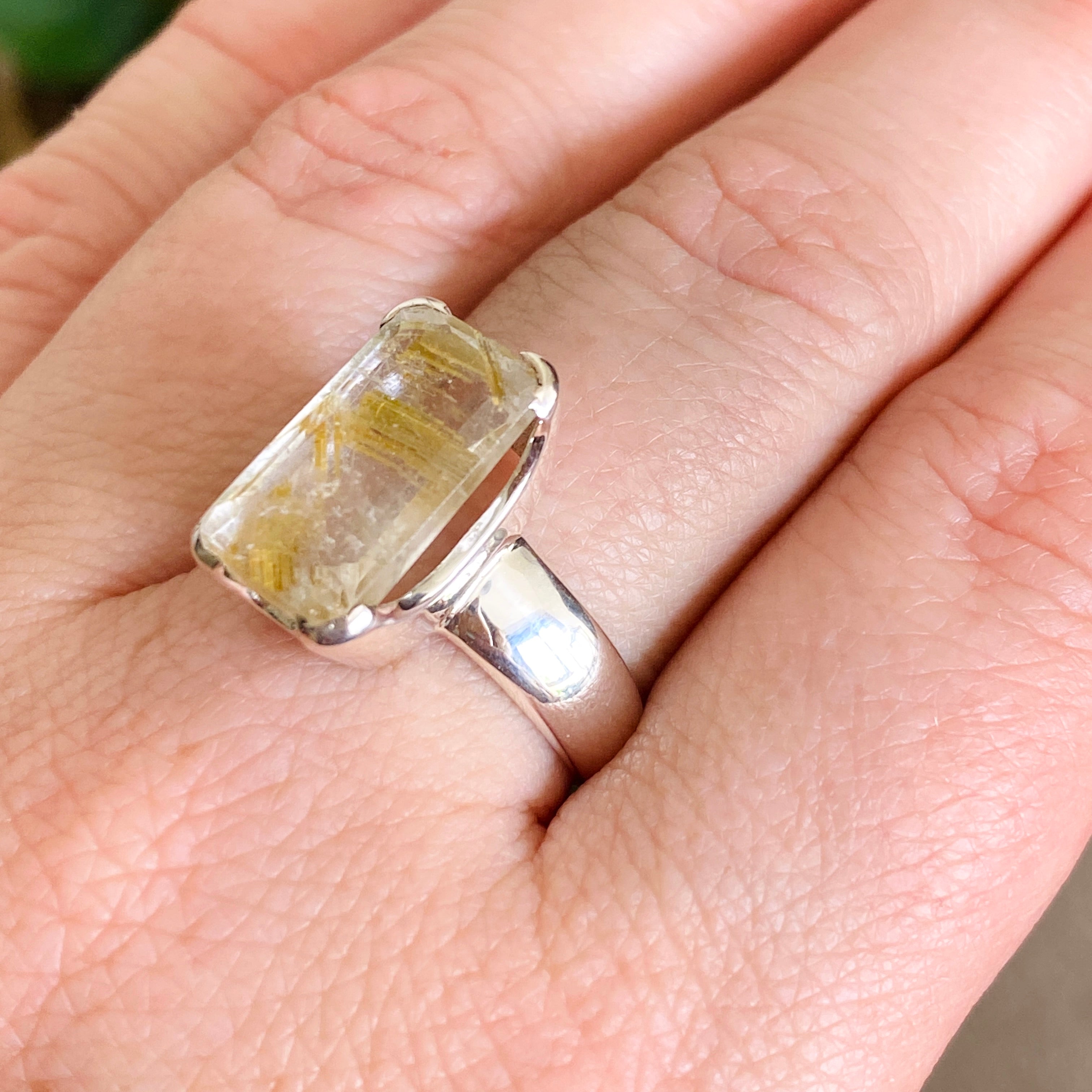 Rutilated Quartz Faceted Rectangular Ring Size 8 - Elegant Gold Jewelry for Women, Perfect for Weddings & Special Occasions