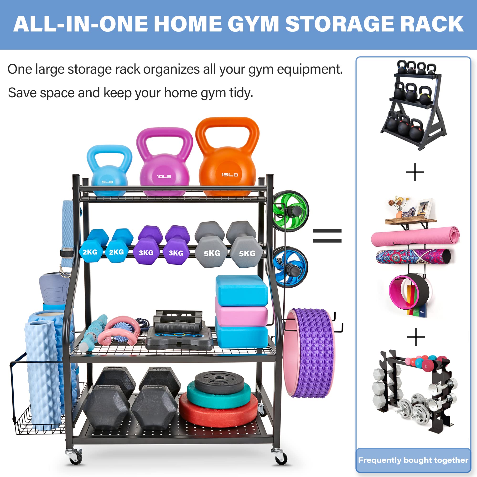 Dumbbell Rack & Yoga Mat Storage Organizer - Heavy Duty Home Gym Equipment Stand for Dumbbells, Kettlebells & Yoga Mats | All-in-One Workout Gear Storage with Wheels | Perfect for Home Gym, Garage & Fitness Studio Organization