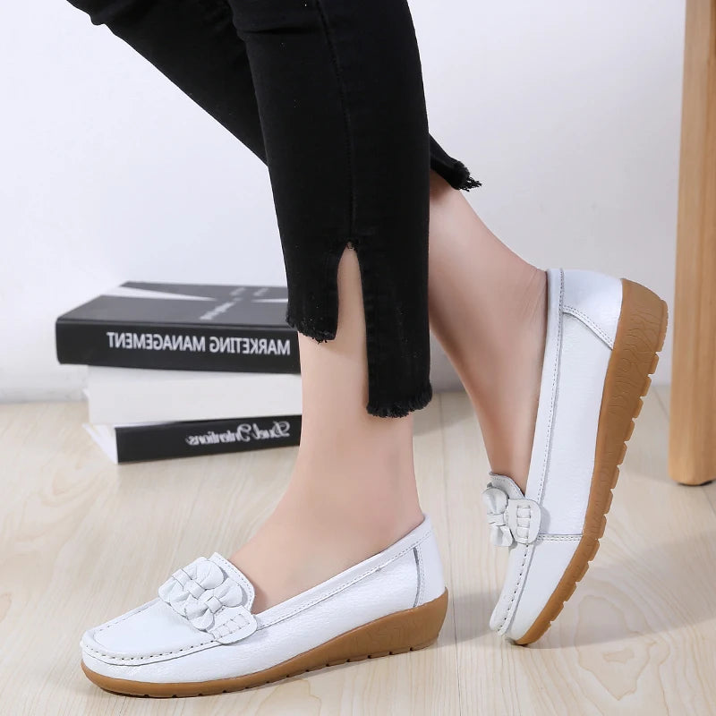 Genuine Leather Women's Loafers - Soft Non-Slip Boat Shoes with Sturdy Sole | Comfortable Flats in Extended Sizes | Perfect for Office, Travel & Casual Wear