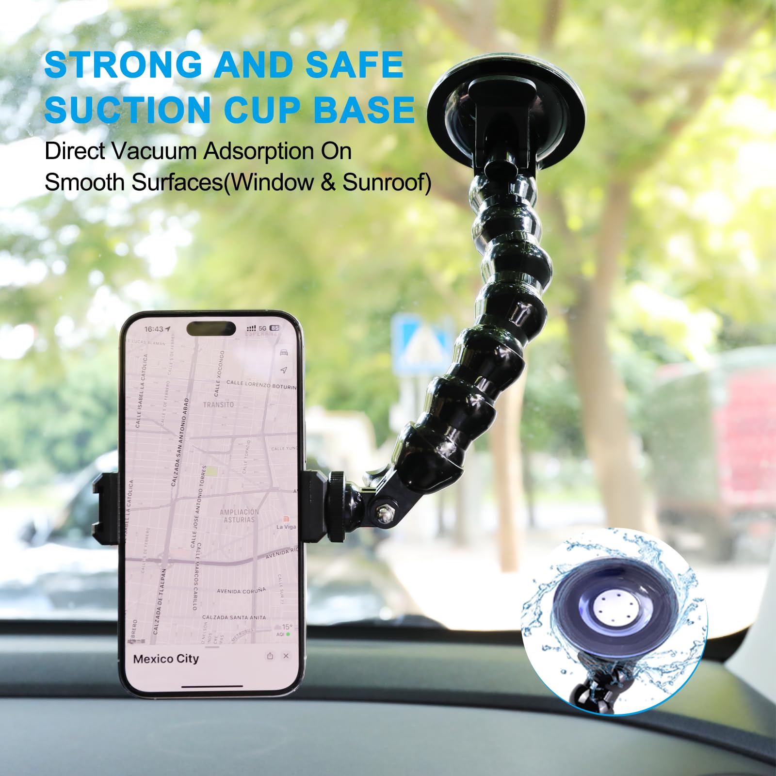 360° Adjustable Gooseneck Suction Cup Car Phone Mount Holder - Compatible with iPhone 15/14/13/12, Samsung Galaxy S23/S22 (4.0-7.0 inch Phones) & Action Cameras - 7 Flexible Joints for Perfect Viewing Angle - Ideal for GPS Navigation, Hands-Free Calling & Dashcam Setup