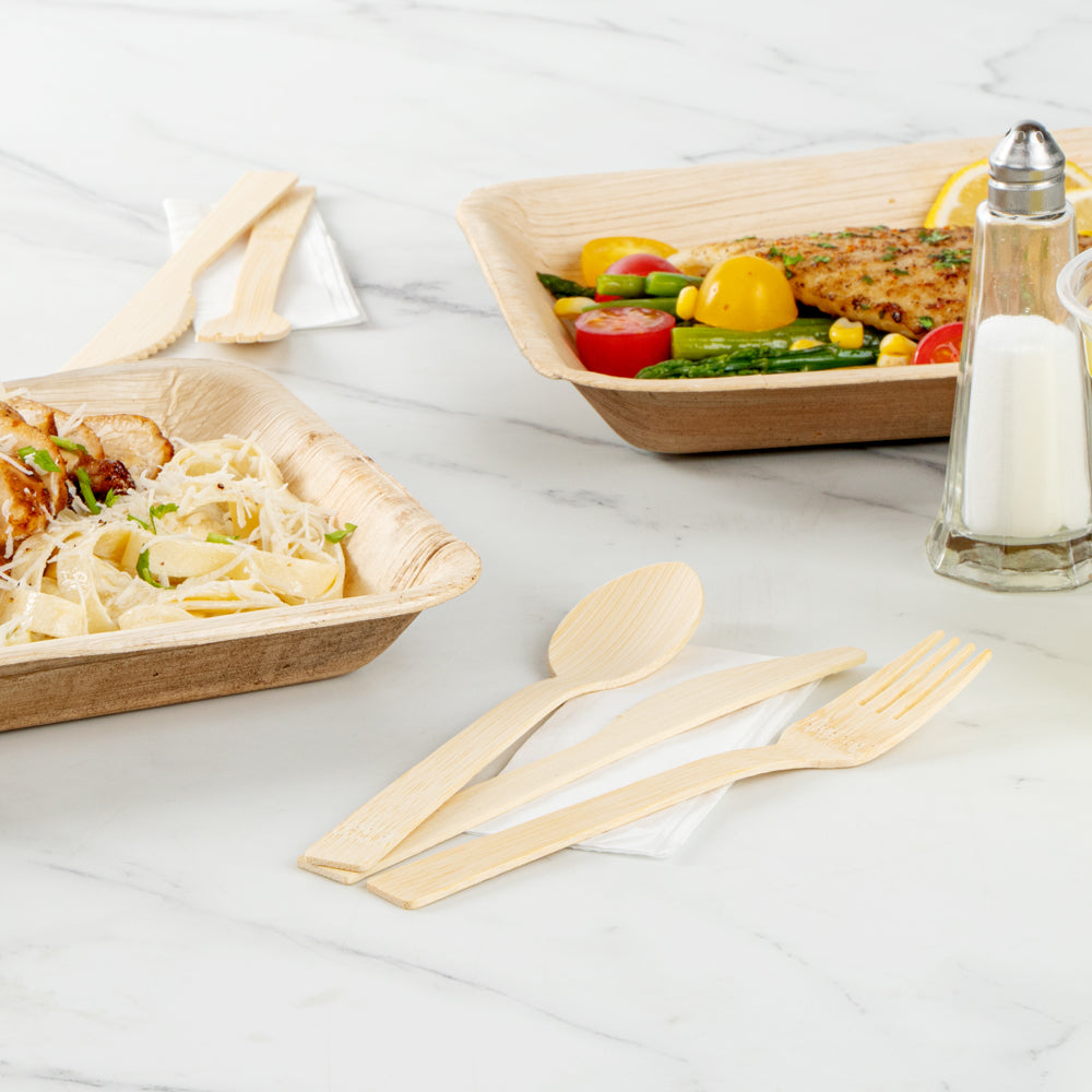 Eco-Friendly Bamboo Disposable Cutlery Set with White Napkins & Kraft Paper Pouch - 500 Count (7-Piece Set) | Perfect for Parties, Picnics, Catering & Sustainable Events