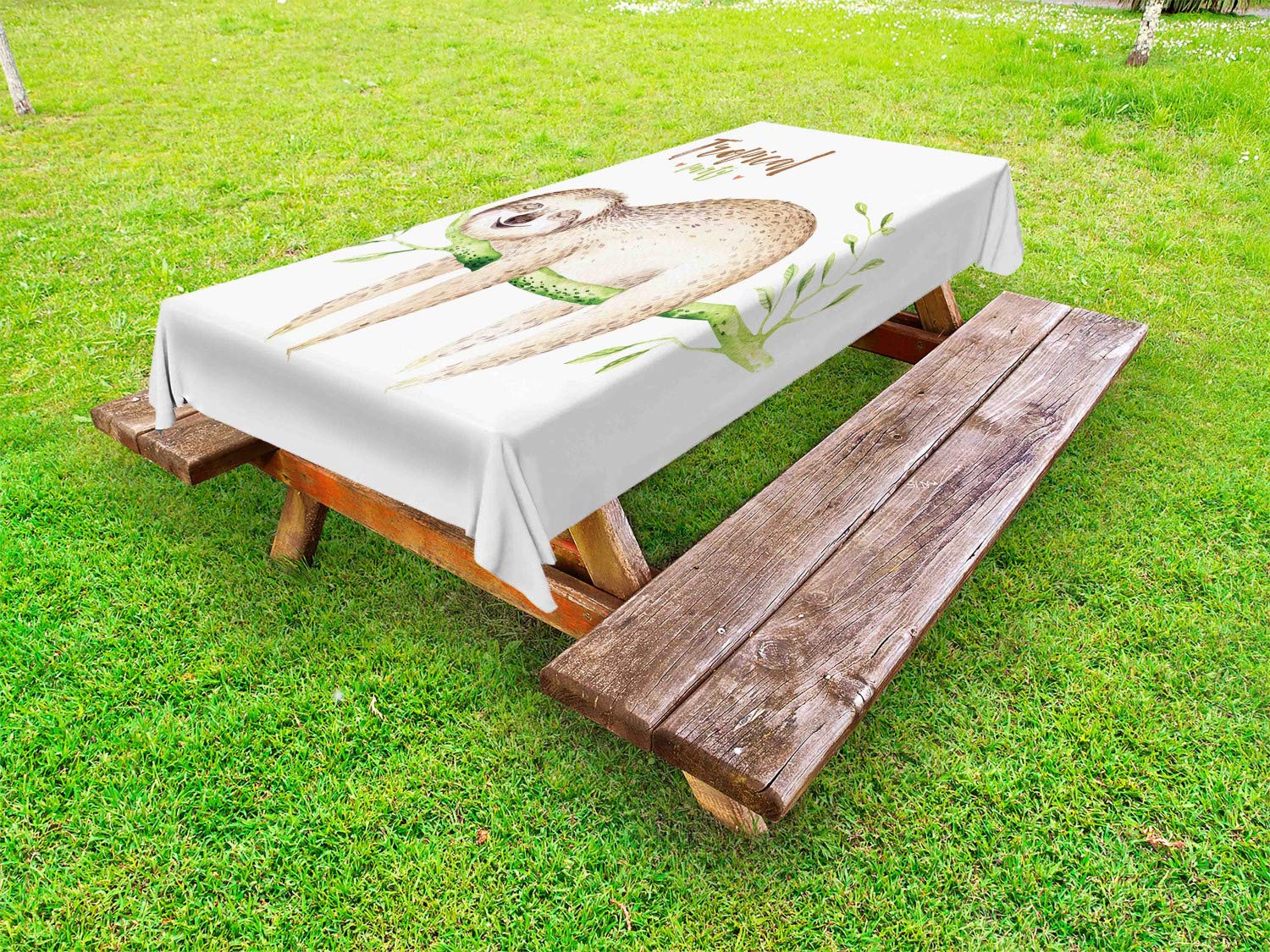 Ambesonne Sloth Waterproof Outdoor Tablecloth - Cute Sloth Sleeping on Palm Branch Wildlife Nature Design, Washable Picnic Table Cover 58x120 Inches in Pale Brown Green - Perfect for Backyard BBQs, Camping & Outdoor Parties