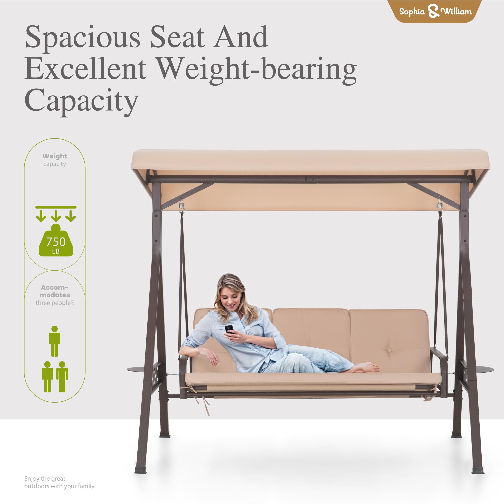 Sophia & William 3-Seat Outdoor Porch Swing with Adjustable Canopy - Weather-Resistant Steel Frame Patio Swing Chair for Backyard, Front Porch or Lawn - Includes Removable Cushions & Iron Tea Tray in Beige - Perfect for Relaxing, Entertaining Guests or Enjoying Afternoons Outdoors