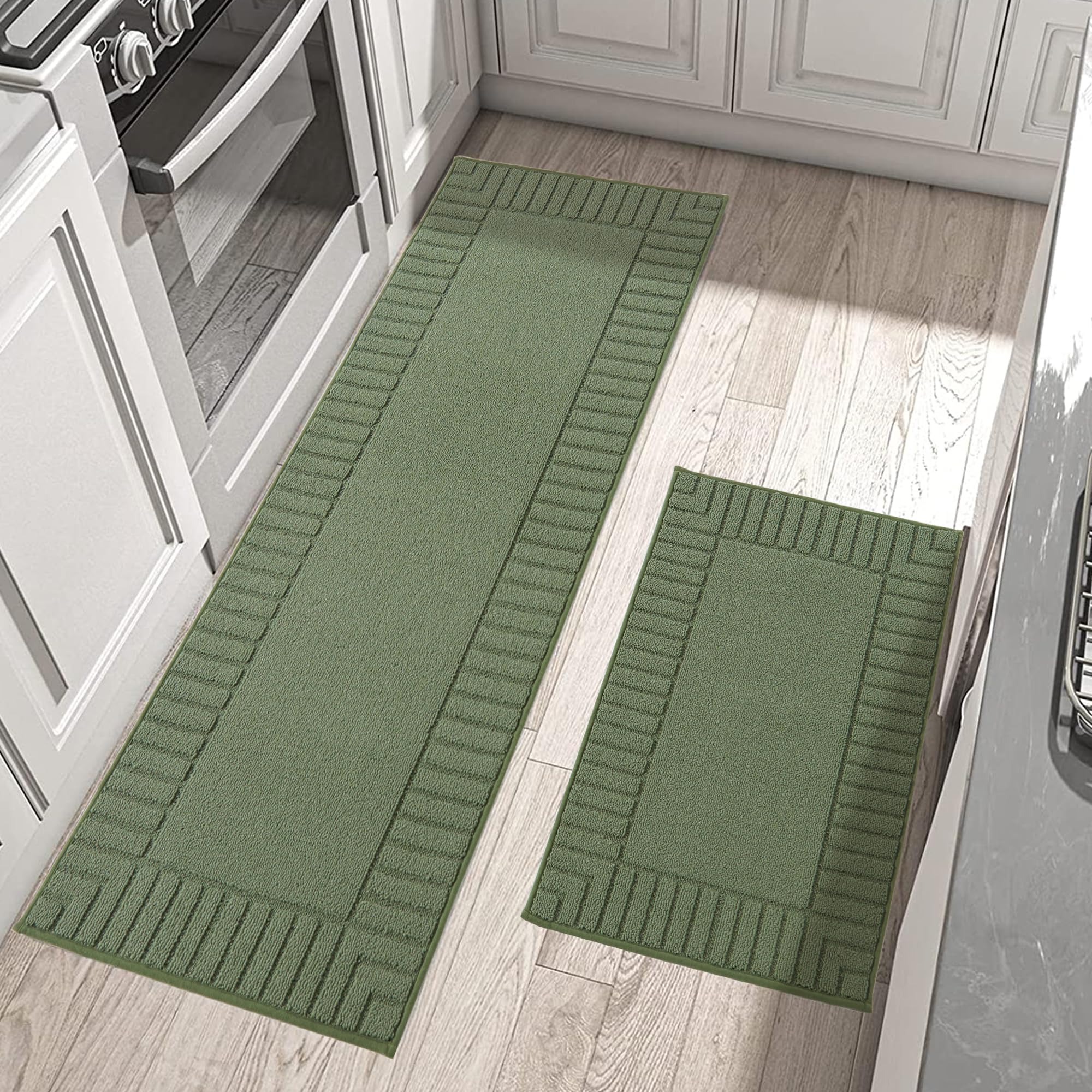 BEQHAUSE Non-Slip Kitchen Rugs Set of 2, Machine Washable Kitchen Mats with TPR Backing, Green, 24x35inch & 24x60inch, Perfect for Floors, Sinks, and Counter Areas
