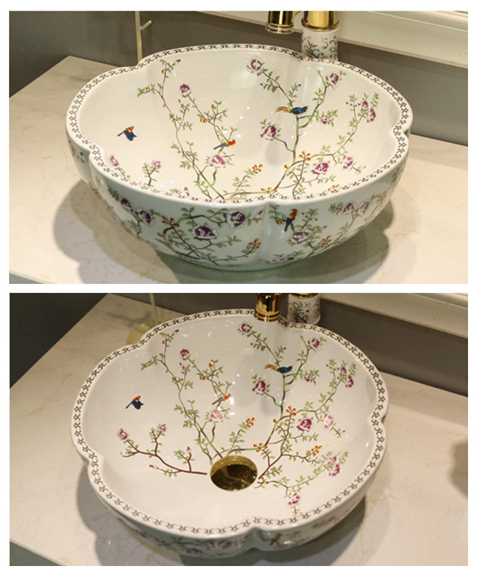 White Ceramic Vessel Sink Bowl - Handcrafted Floral & Bird Design Above Counter Bathroom Vanity Basin (Sink Only) - Perfect for Modern Farmhouse, Boho Chic, or Spa-Style Bathroom Decor