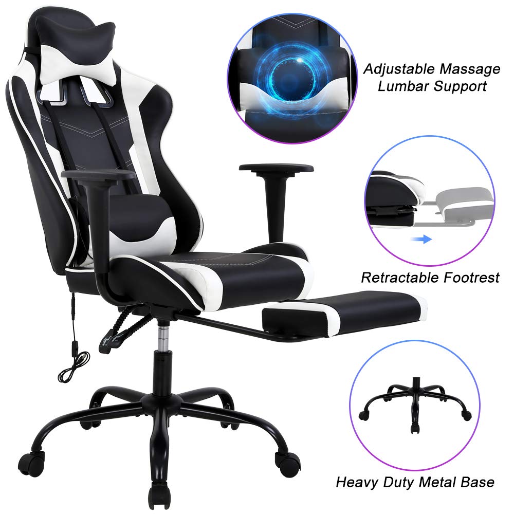 Premium Ergonomic PC Gaming Chair with Lumbar Support & Massage Function - Adjustable Racing Office Chair with Headrest & Footrest for Home & Work - White - Perfect for Long Gaming Sessions & Office Work