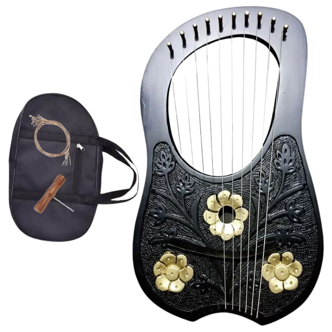 Irish Lyre Harp with Rosewood Body & Metal Strings - 3 Gold Flower Design | Handcrafted Celtic Musical Instrument for Home Decor, Wedding Gifts & Music Therapy
