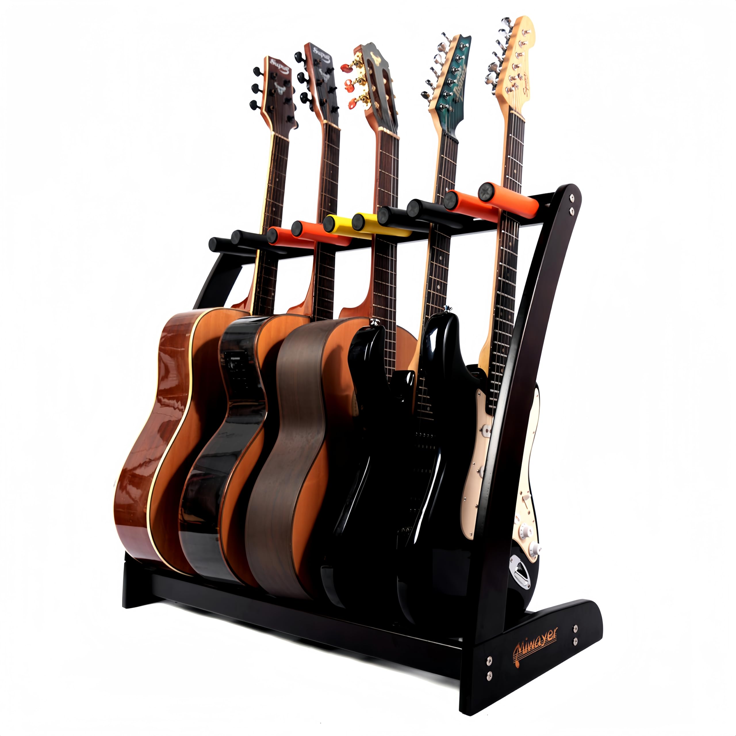 Miwayer 5-9 Guitar Stand - Heavy Duty Wooden Floor Rack for Acoustic, Electric & Bass Guitars with Case Storage - Bamboo Display Holder for Home, Studio & Stage (Ebony, 9 Holder) - Perfect for Musicians & Music Stores