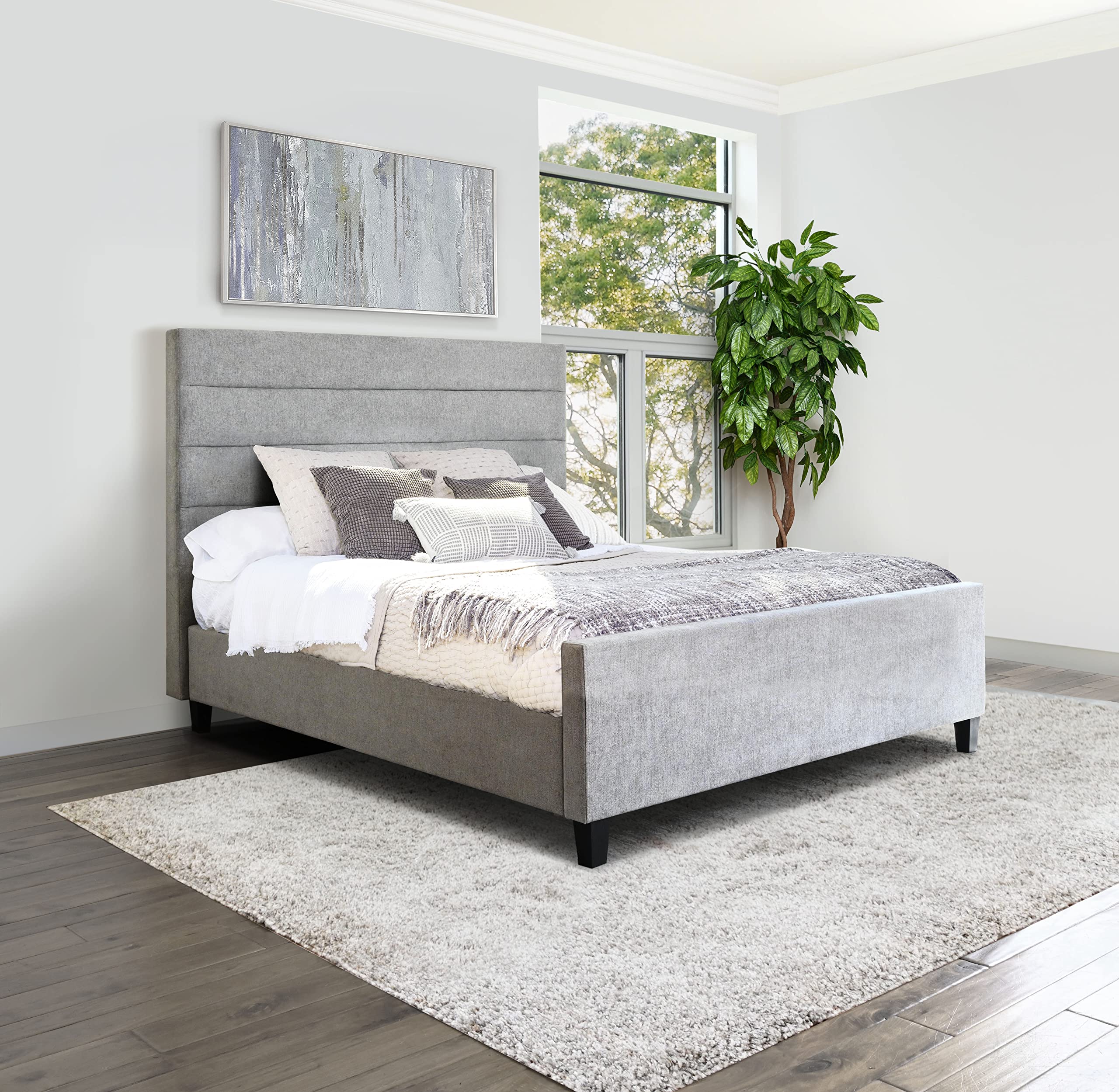 Abbyson Living Contemporary Queen Size Fabric Upholstered Platform Bed Frame in Gray - Modern Bedroom Furniture for Master Bedroom & Guest Room