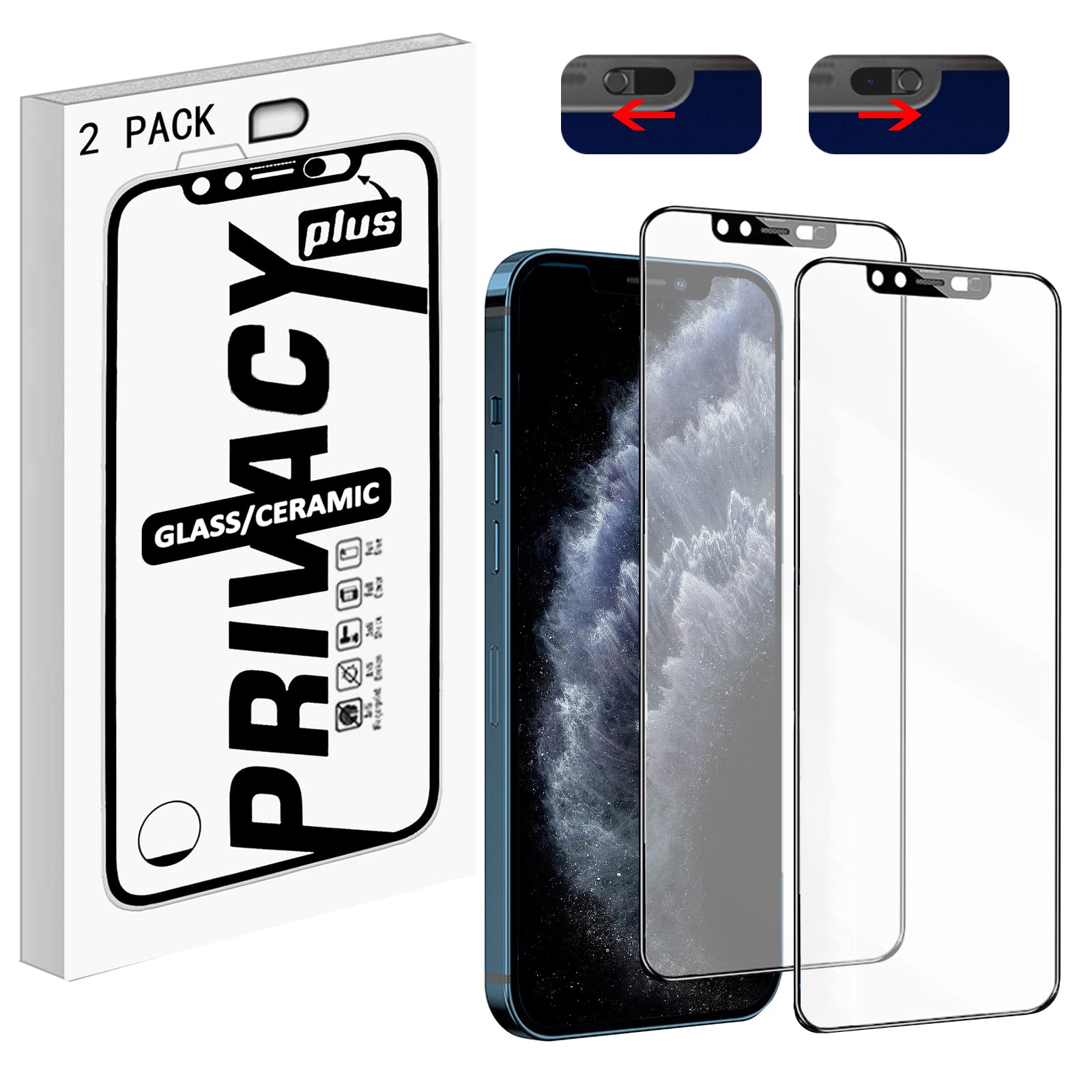 Tempered Glass Screen Protector for iPhone 13/13 Pro/14 with Front Camera Privacy Cover - HD Clear, Anti-Spy Protection, Face ID Compatible - 2 Pack - Perfect for Privacy Protection & Daily Use