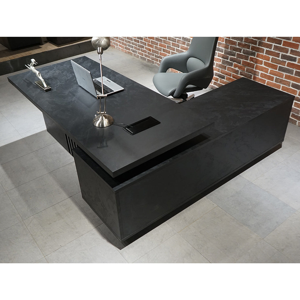 Premium DAXTON Black Executive Desk with Left Return - 200cm Black Concrete Finish | Modern Office Furniture for Home & Workspace