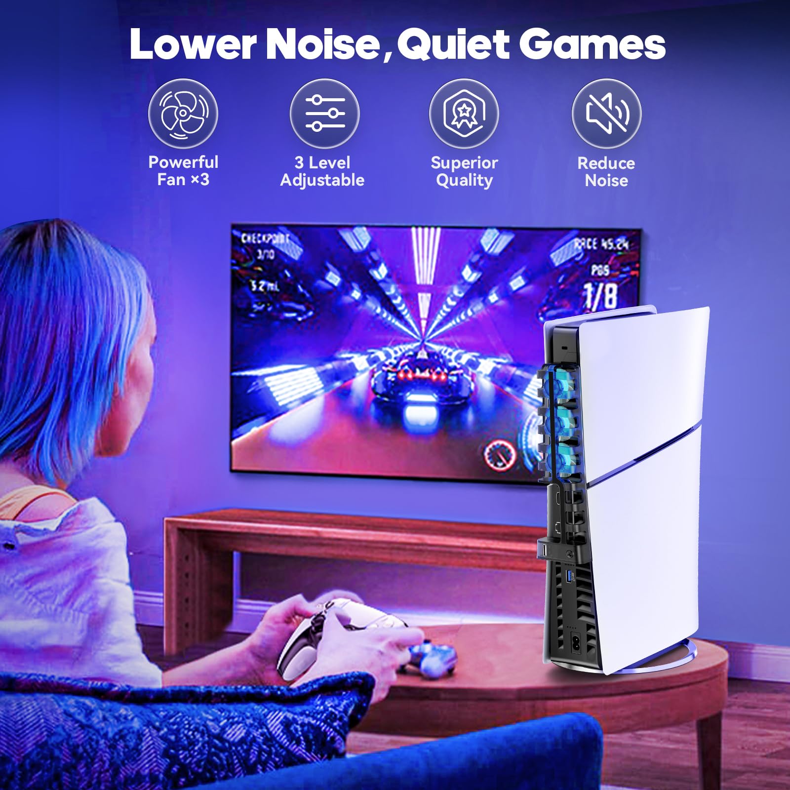 Tokluck PS5 Cooling Fan for 2023 PS5 Slim Version - 3-Speed Quiet USB 2.0 Cooler with Horizontal/Vertical Stand - Enhanced Cooling Accessory for PS5 Gaming Console - Perfect for Long Gaming Sessions & Overheating Prevention