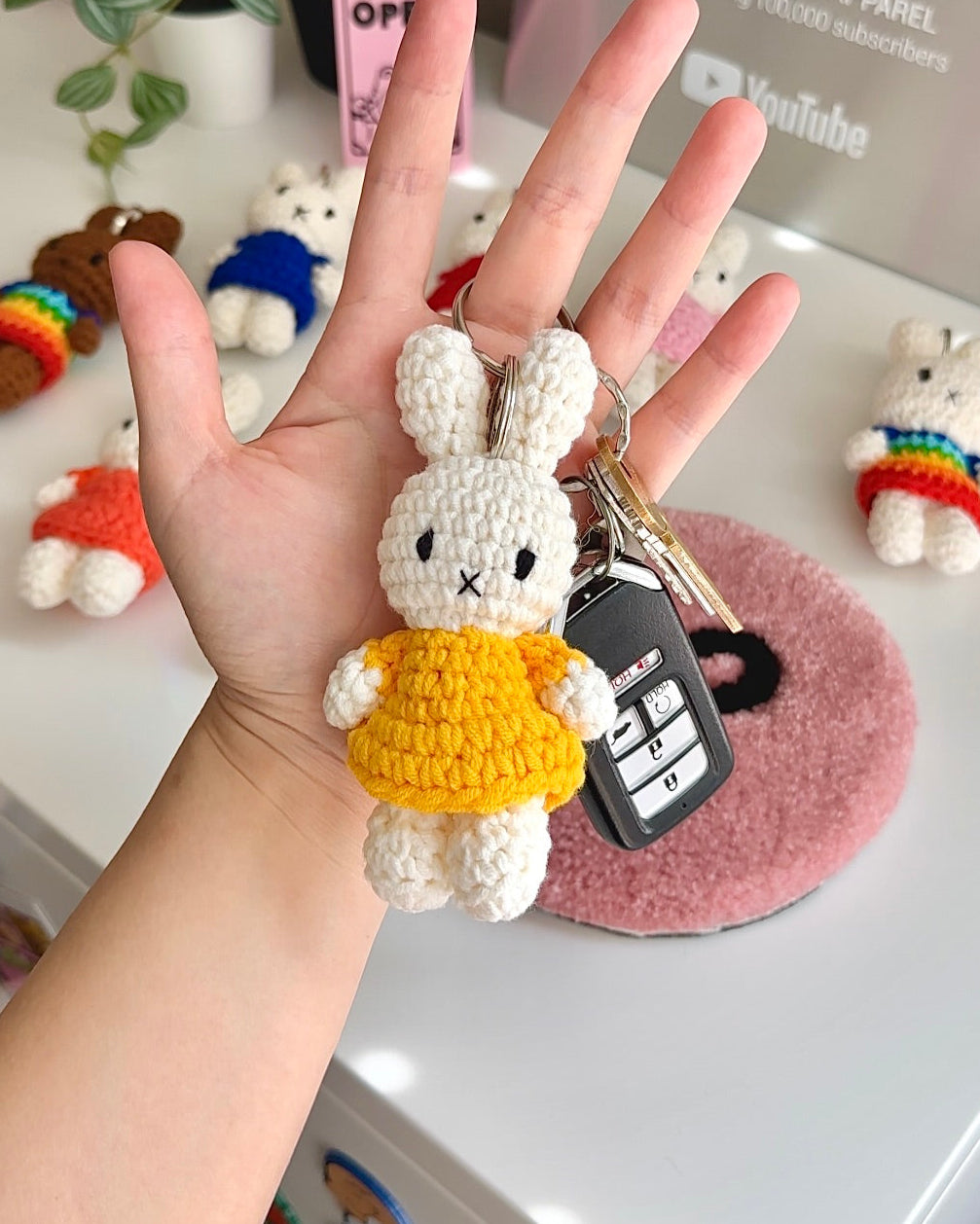 Handmade Miffy Crochet Keychain with Yellow Dress - Cute Bunny Plush Bag Charm for Keys & Backpacks | Kawaii Summer Gift for Girls, Teens & Anime Fans | Perfect for School, Travel & Everyday Use